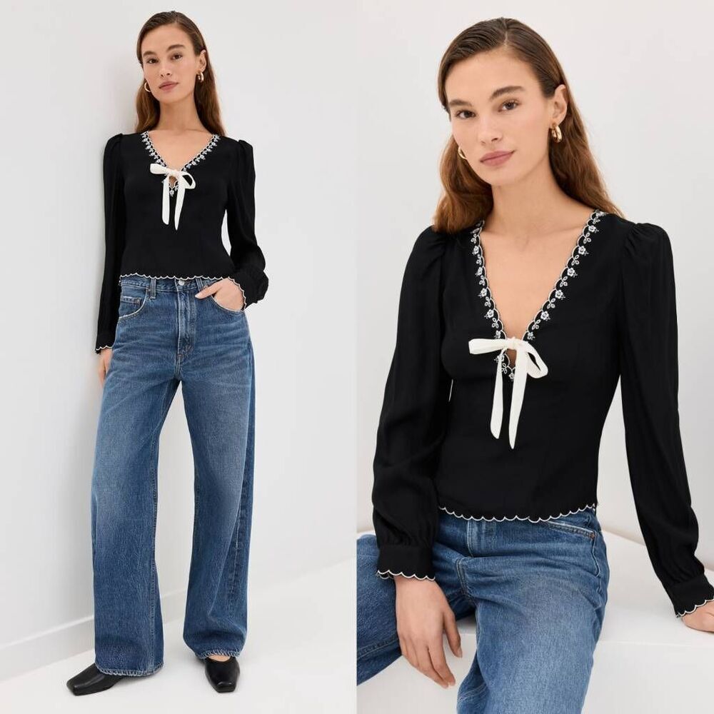 Reformation Vivia Embroidered Scallop Top- Black Long Sleeve 6 $188